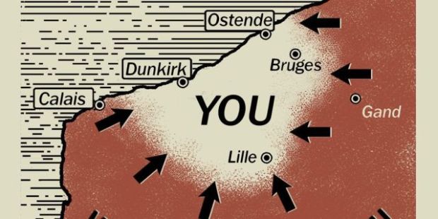 German propaganda flyer from Dunkirk shows a map indicating the trips are surrounded