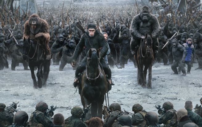 The army of apes led by Ceasar on horseback approach the human soldiers