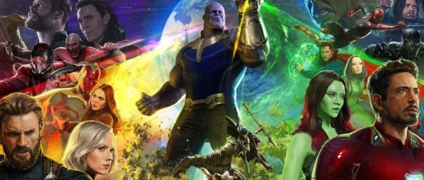 Avengers Infinity War artwork featuring Thanos in the centre surrounded by the Avengers.